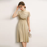Womens Silk Midi Dress Lace Panel Bodice Short Silk Dress